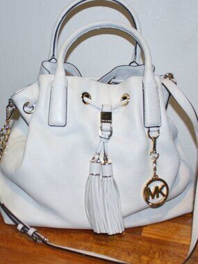 $398 Michael Kors True White Leather Tassel Shoulder Bag Hobo Tote